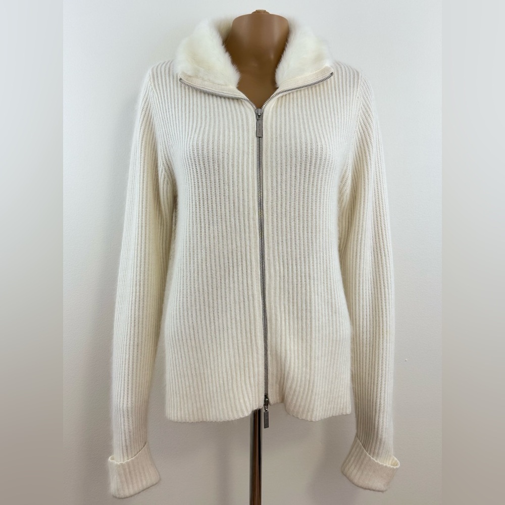Calvin Klein Women's Faux Fur Collar, Long Sleeve Zip-up Sweater, Size Large